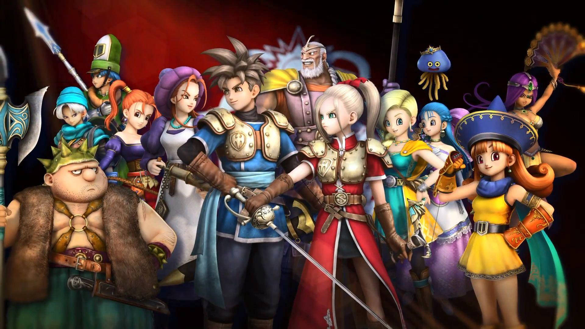 龍 Quest 英雄：《世界樹之禍與腐敗之下》角色 壁紙 — 一群身穿色彩繽紛盔甲和服裝的多樣化奇幻角色，在深紅色背景前站在一起。