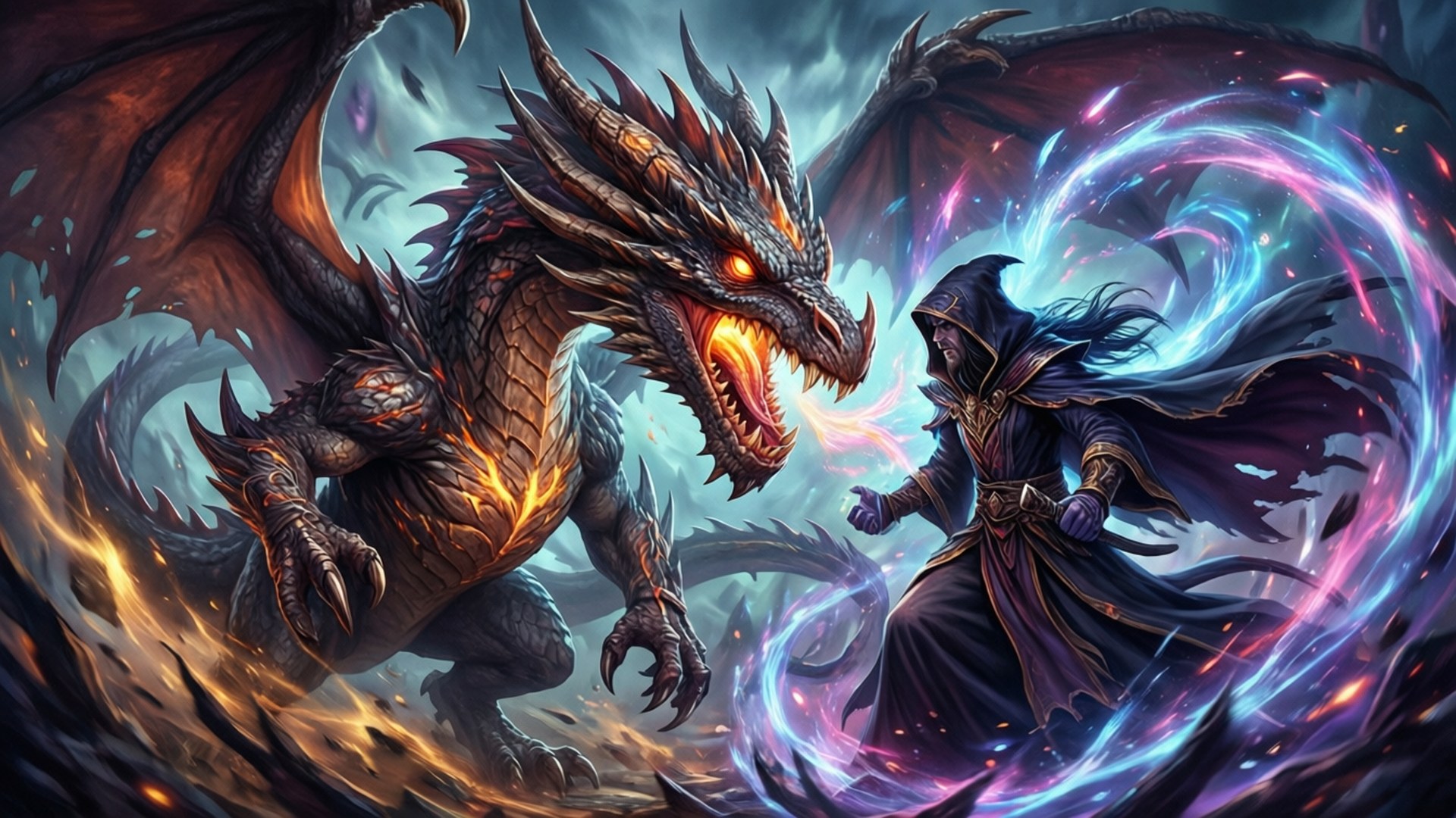 龍 vs 魔法師對決 壁紙 — 一條暗黑龍，眼睛發出橙色光芒，對著一位披著斗篷、施展旋轉藍色魔法的巫師咆哮。