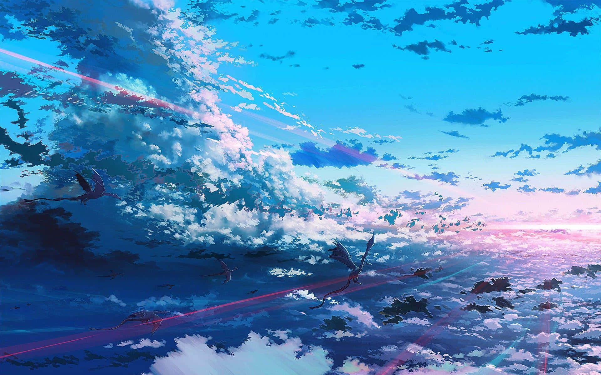 Anime Sky 桌布 壁紙 — 龍一般的生物在充滿粉紅色和藍色光線的鮮豔天空中翱翔，飛越蓬鬆的雲層。