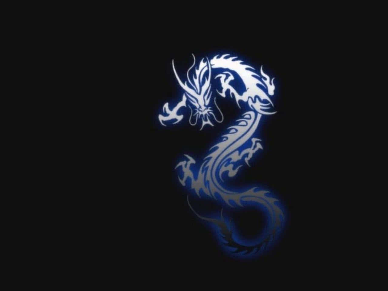 發光的藍白龍剪影在黑色背景上