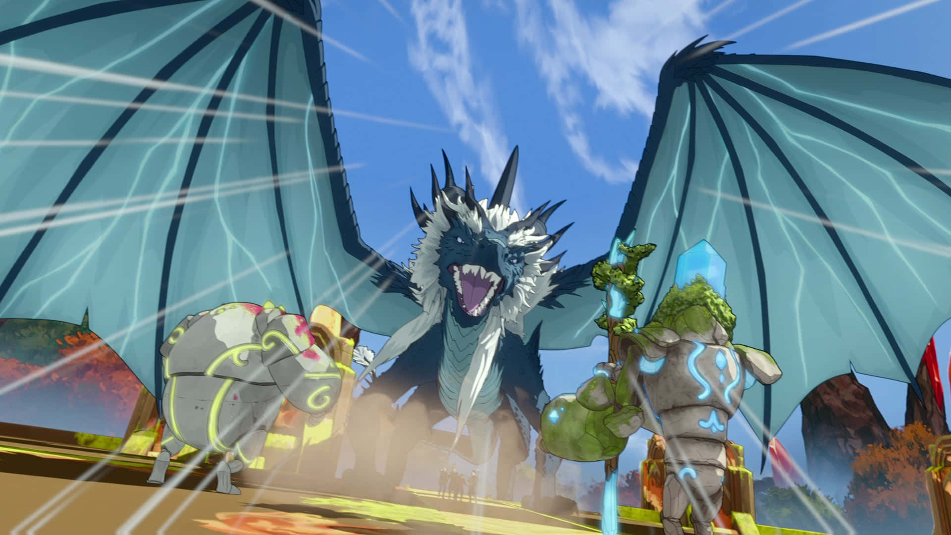 兩名身穿鎧甲的戰士在明亮的天空下，面對一隻咆哮的藍色龍。