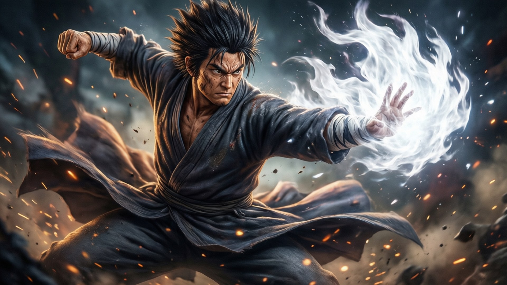 武術家引導白色能量衝擊波，伴隨著飛舞的火花和烏雲。