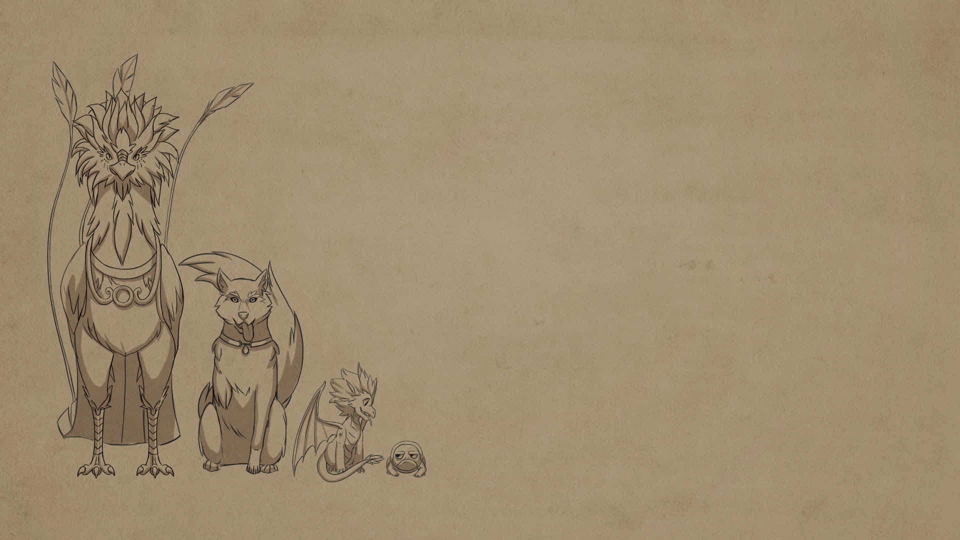 《龍之王子》劇情場景 壁紙 — 四隻奇幻生物以深褐色調描繪在舊羊皮紙上，從左到右按大小遞減排列。