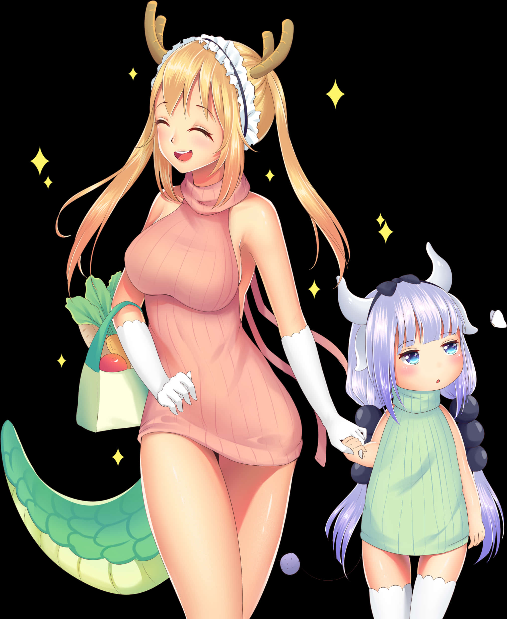 龍女僕與孩童插畫 壁紙 — 一個開心的動漫女孩，長著鹿角和綠色尾巴，與一個較小的有角女孩手牽手，背景是星光閃爍的黑色。
