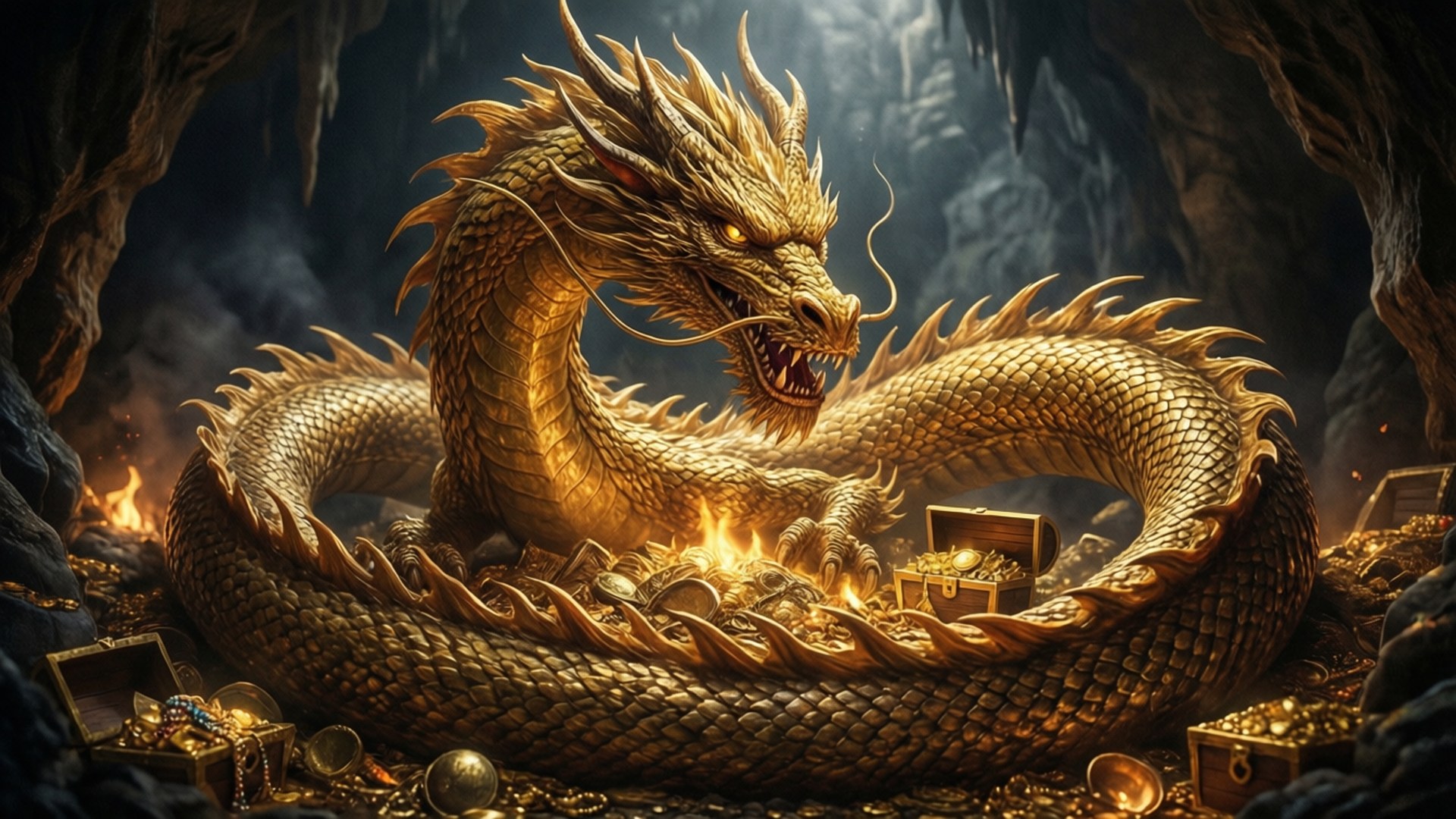 龍守金寶 壁紙 — 一條雄偉的金龍在黑暗的洞穴中保護性地盤繞著寶藏，發光的眼睛直視前方。