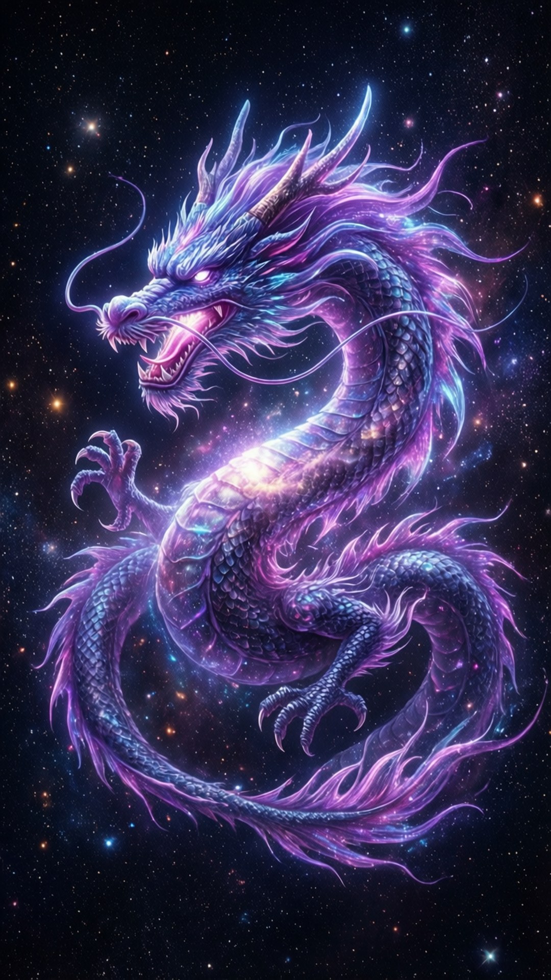 龍形星雲夢 壁紙 — 一隻威嚴的紫色龍，眼睛發光，盤繞在繁星點點的宇宙虛空中，鱗片閃爍著宇宙能量。
