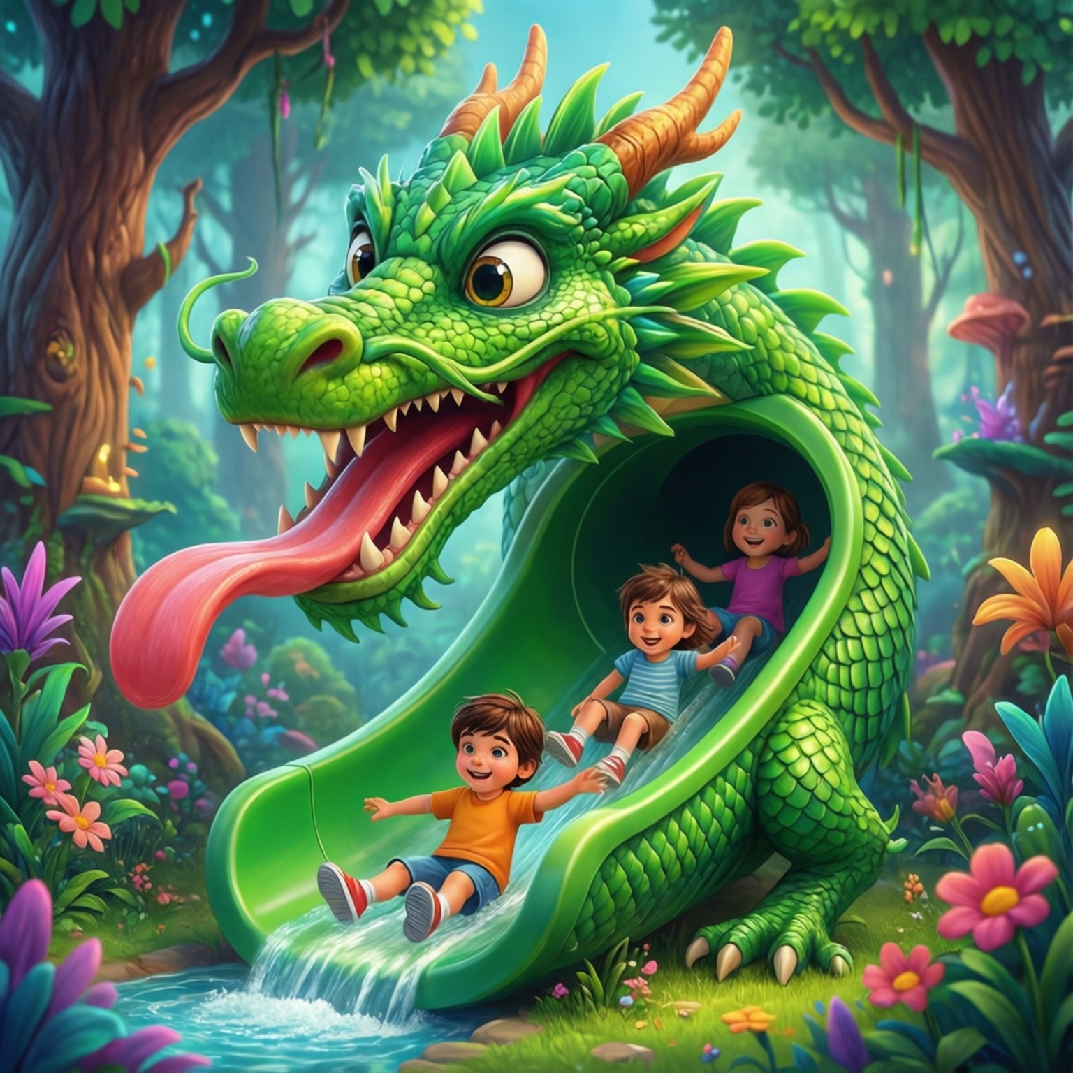 龍形滑梯冒險 壁紙 — 三個孩子愉快地從微笑的綠色巨龍肚子上滑下，身處充滿活力的魔法森林中。