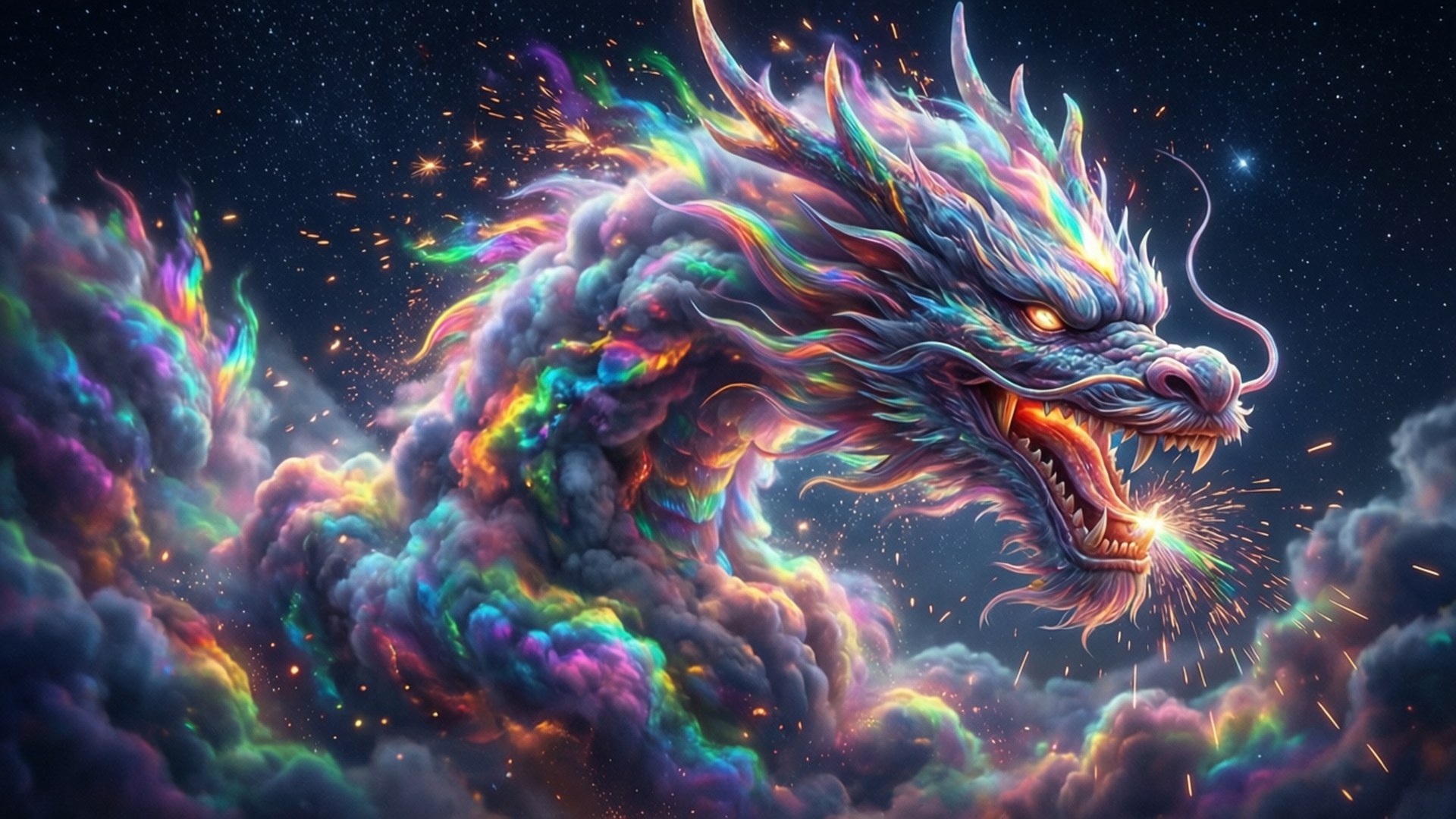 一隻色彩繽紛的龍，眼睛發光，在星空下穿過宇宙雲層噴火。