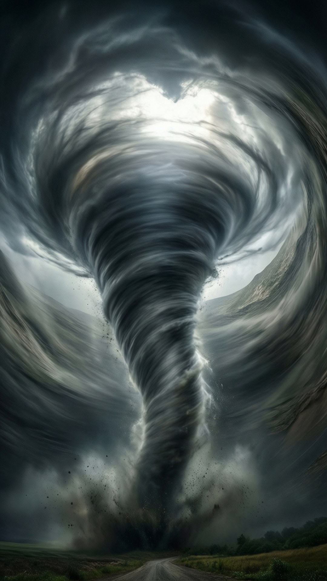 一個大型龍捲風漏斗雲，在鄉村道路上著陸，伴隨著旋轉的碎片。