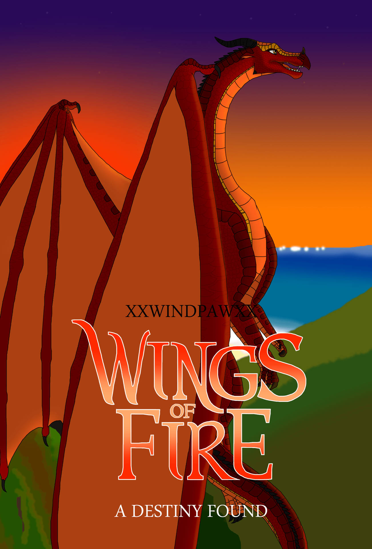 紅龍在日落時飛越山丘，標題為「Wings of Fire」。