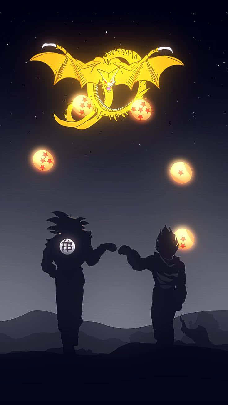 兩個動漫戰士在星空下於金龍（手持龍珠）下拳頭相碰