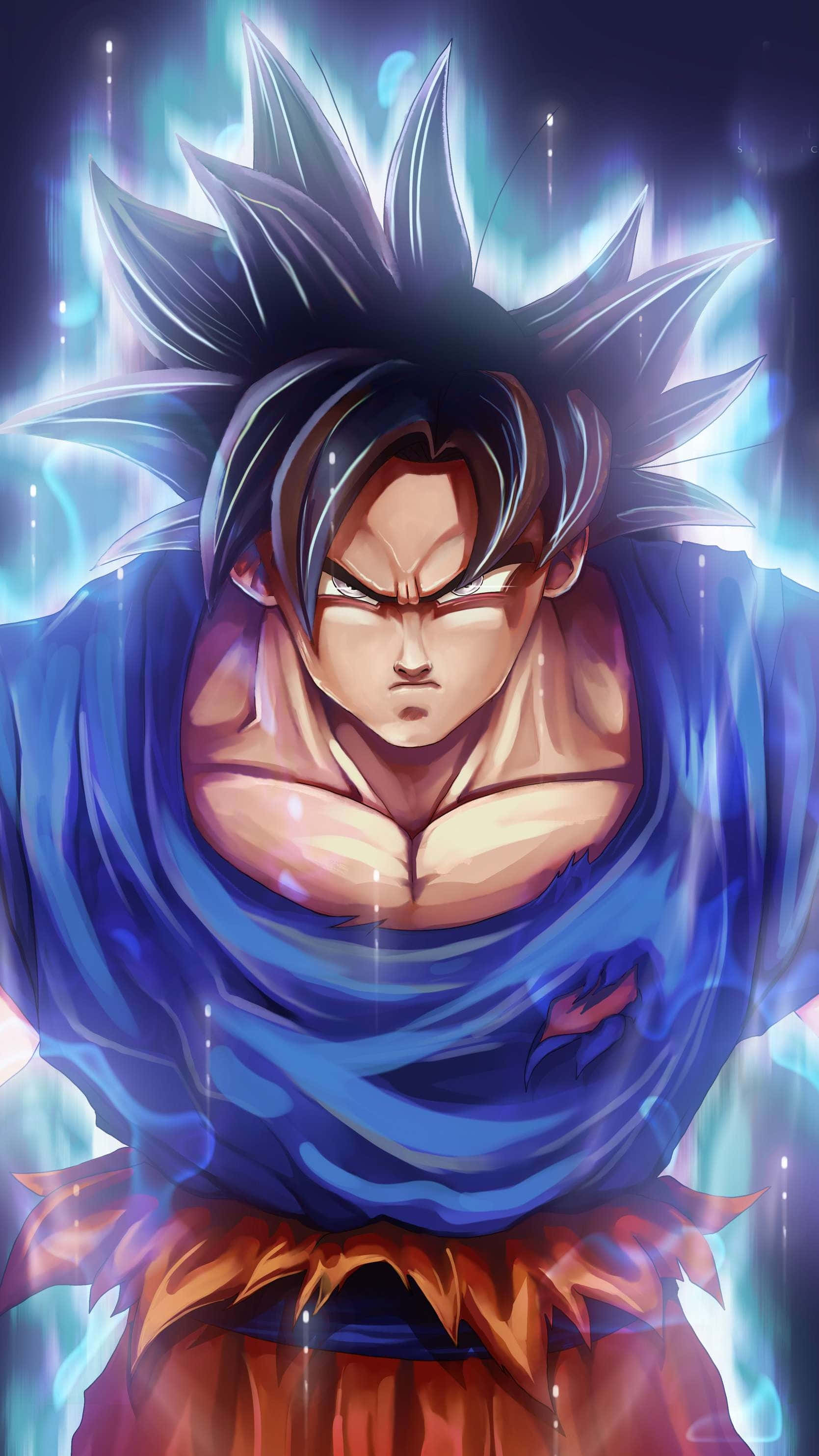 《龍珠Z》3D悟空畫像 壁紙 — 一個強大的動漫戰士，擁有尖刺的黑髮和發光的藍色光環，在宇宙背景下強烈凝視。