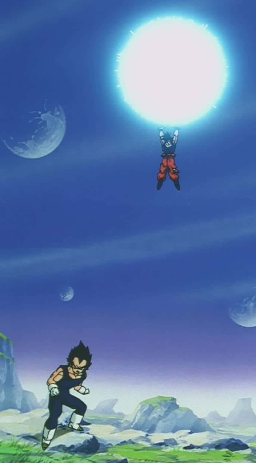 比達在岩石外星景觀中充能，有月亮和發光球體。