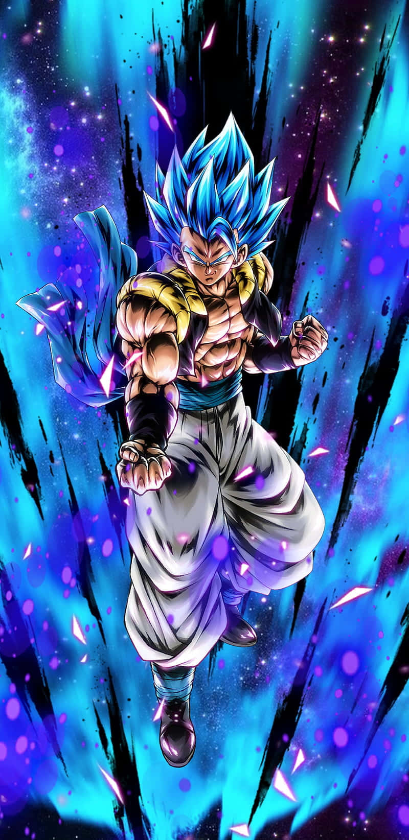 《龍珠Z》悟吉塔畫像 壁紙 — 一個強大的藍髮動漫戰士，穿著白色褲子和黃色盔甲，在宇宙藍色和紫色的星空背景下動態站立。