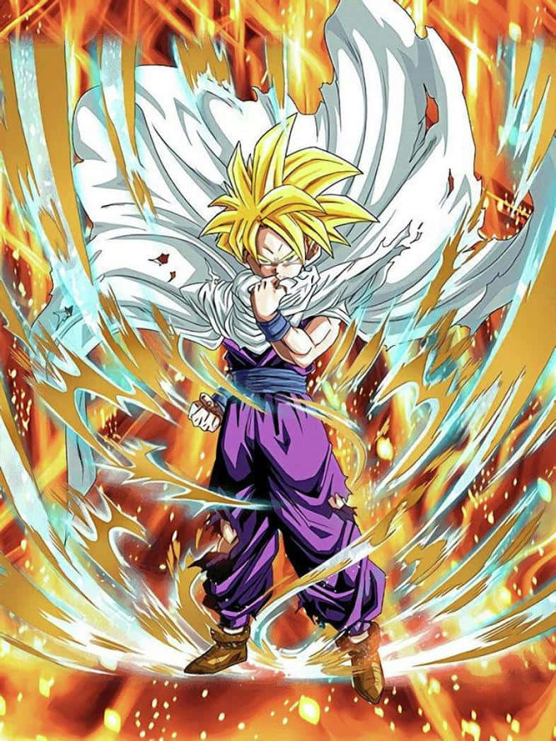《龍珠Z》悟飯畫像 壁紙 — 一個紫色褲、刺蝟頭嘅動漫戰士釋放出強大嘅能量爆炸，被旋轉嘅火焰同白色光環包圍。