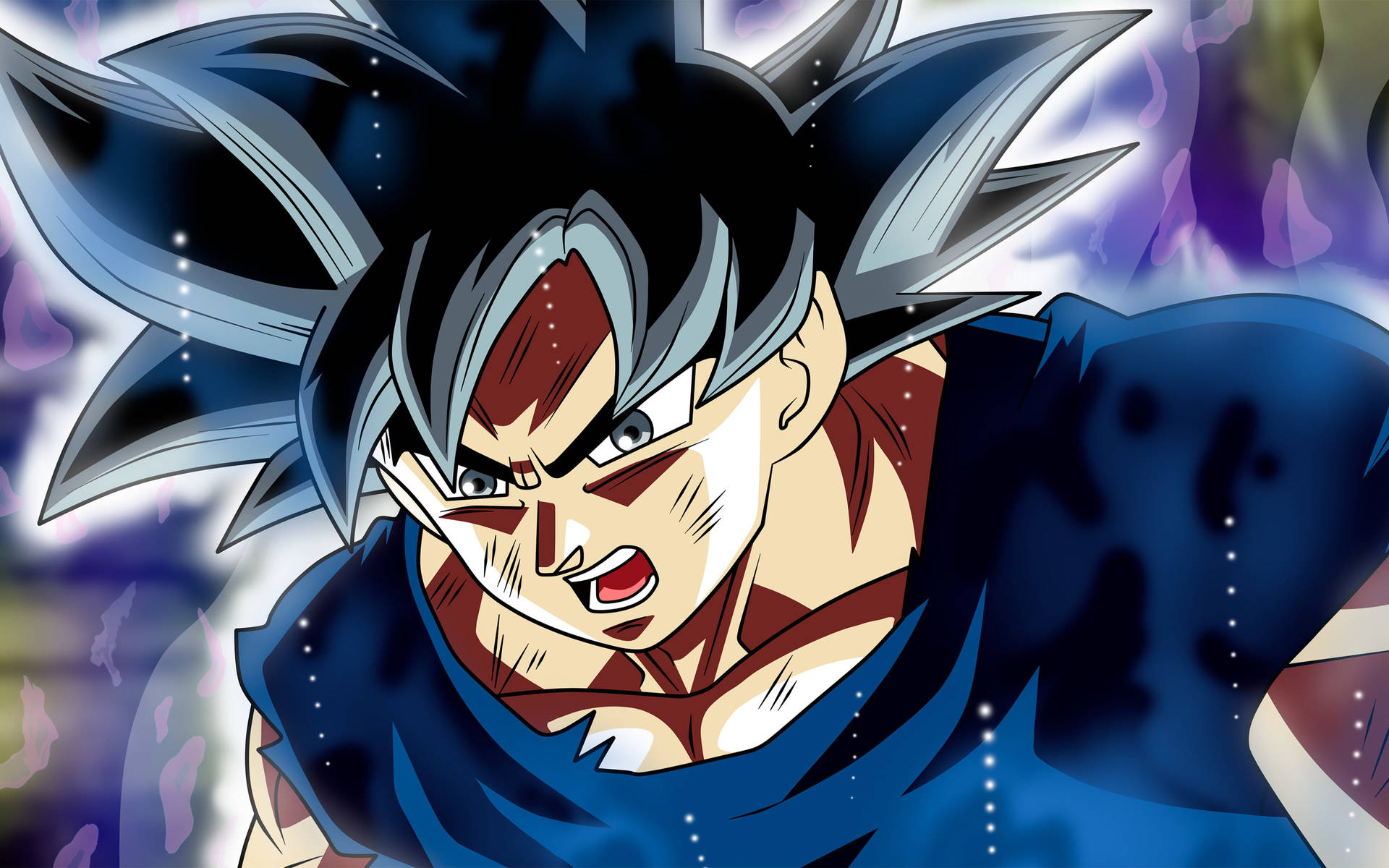 龍珠Z 神之超級賽亞人悟空黑（Goku Black）PFP 壁紙 — 一個兇猛的動漫戰士，擁有尖刺的藍色頭髮和發光的光環，在宇宙紫色和藍色背景下咆哮。