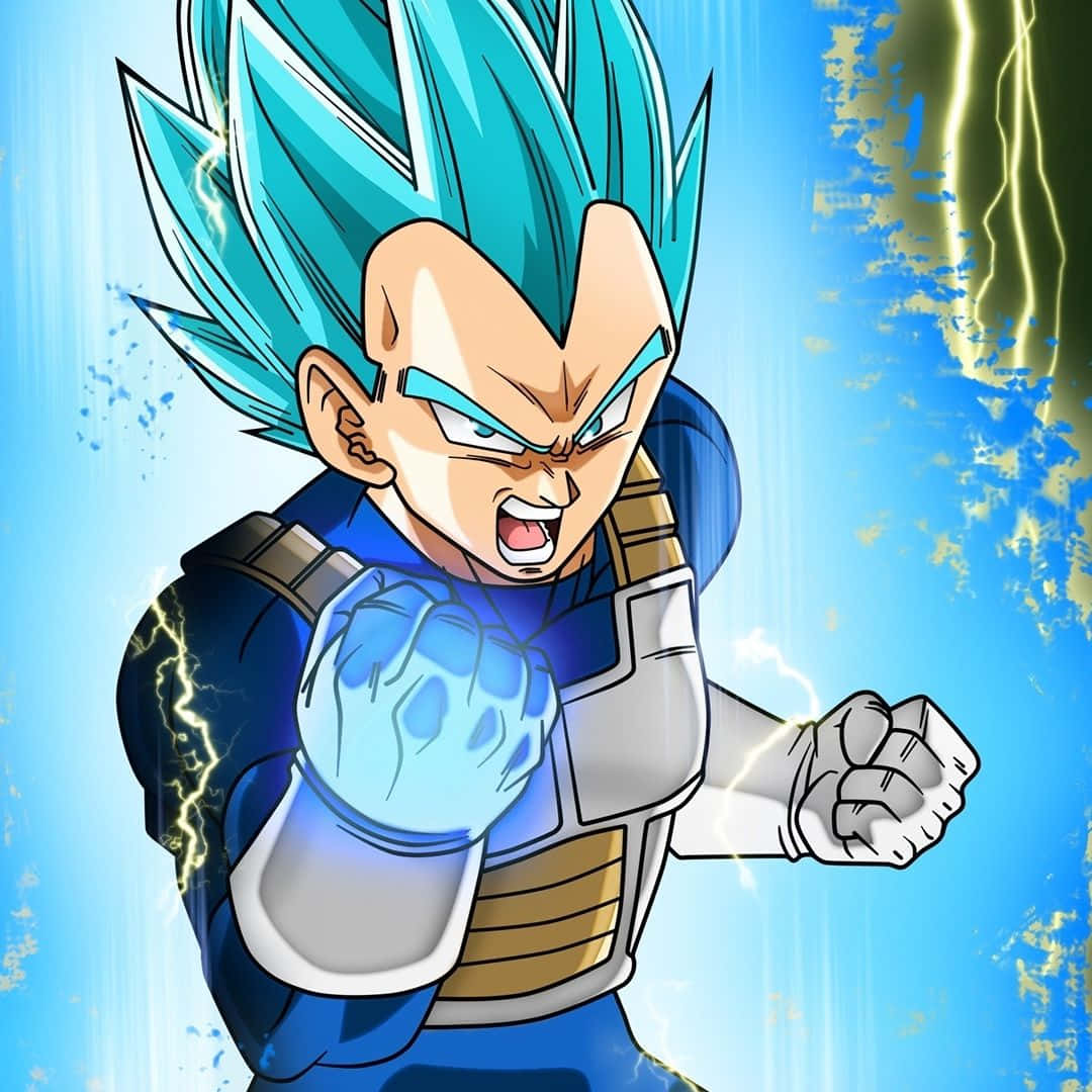 《龍珠Z》貝吉塔藍色氣場插畫 壁紙 — 比達以超級撒亞人藍色形態咆哮，拳頭發光並被電能包圍，背景為鮮豔的藍色和黃色。