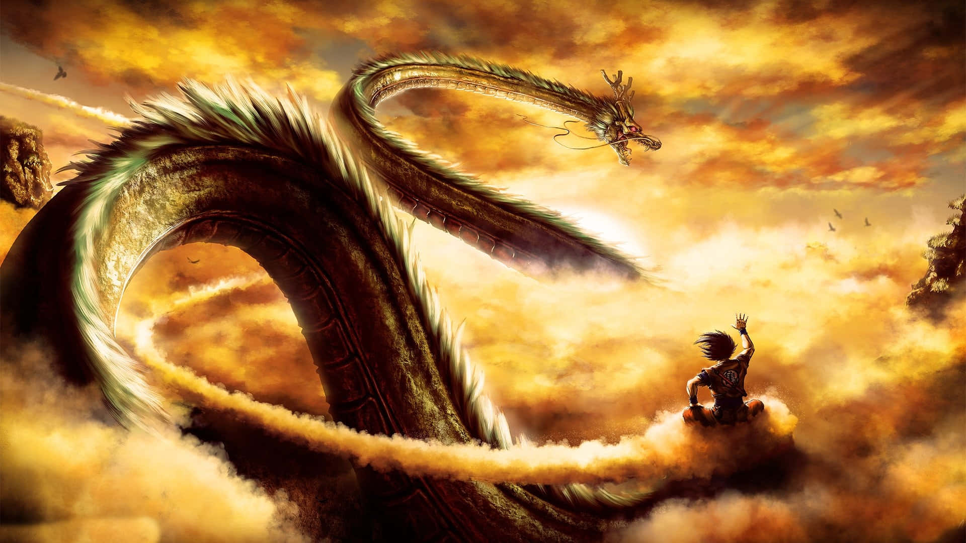 戰士跪在雲上面對金色天空中的巨龍 — 悟空 壁紙