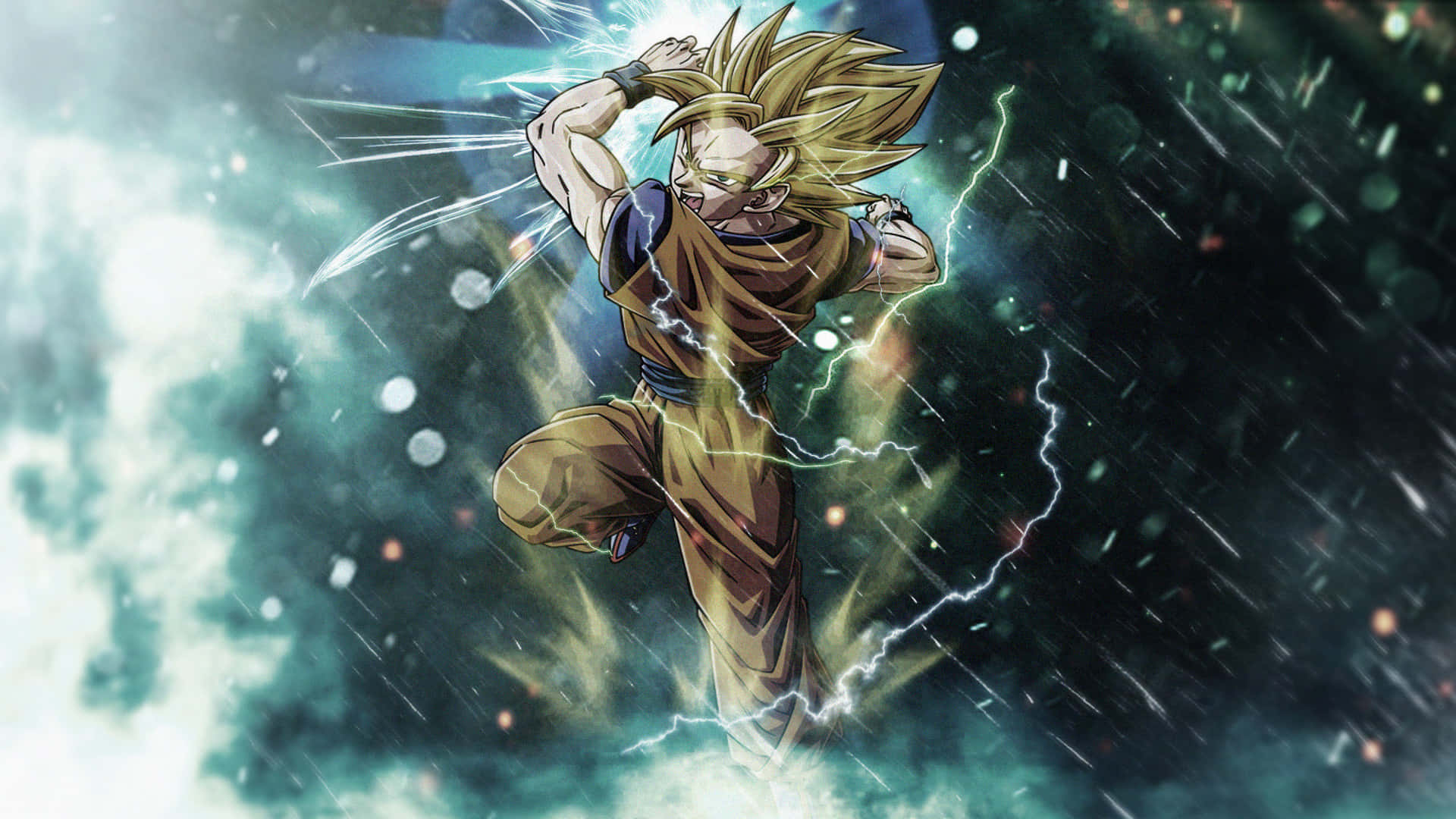 《龍珠Z》黃髮悟空畫像 壁紙 — 一個金色盔甲、刺蝟頭髮的動漫戰士在宇宙風暴背景下釋放閃電能量。