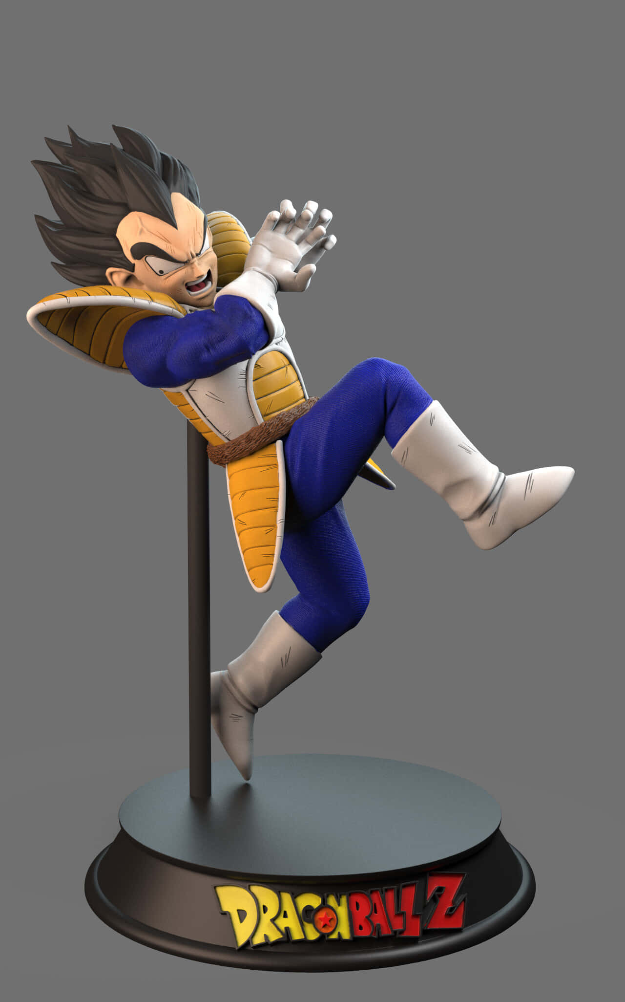 Vegeta Galick Gun 桌布 壁紙 — 龍珠Z中比達的動態3D渲染雕像，在品牌底座上擺出空中戰鬥姿勢。