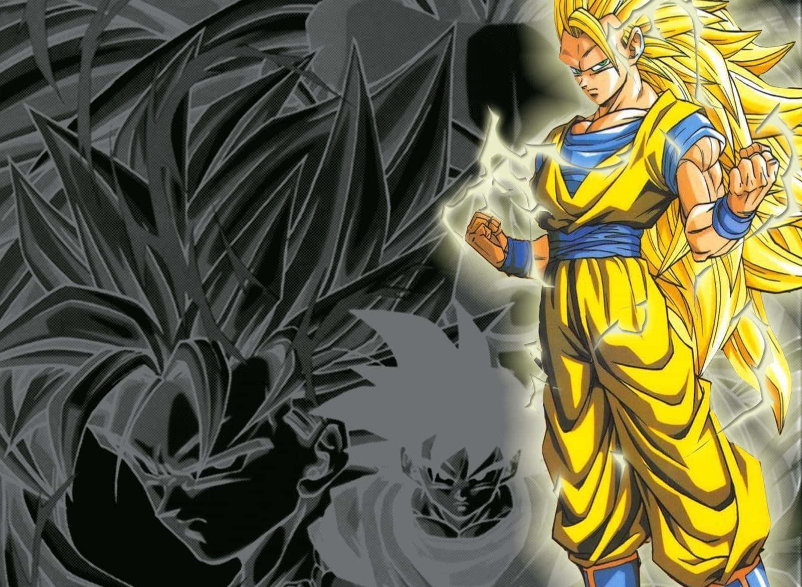 動漫角色以金色超級賽亞人形態在戰鬥中面對自己的黑暗影子。