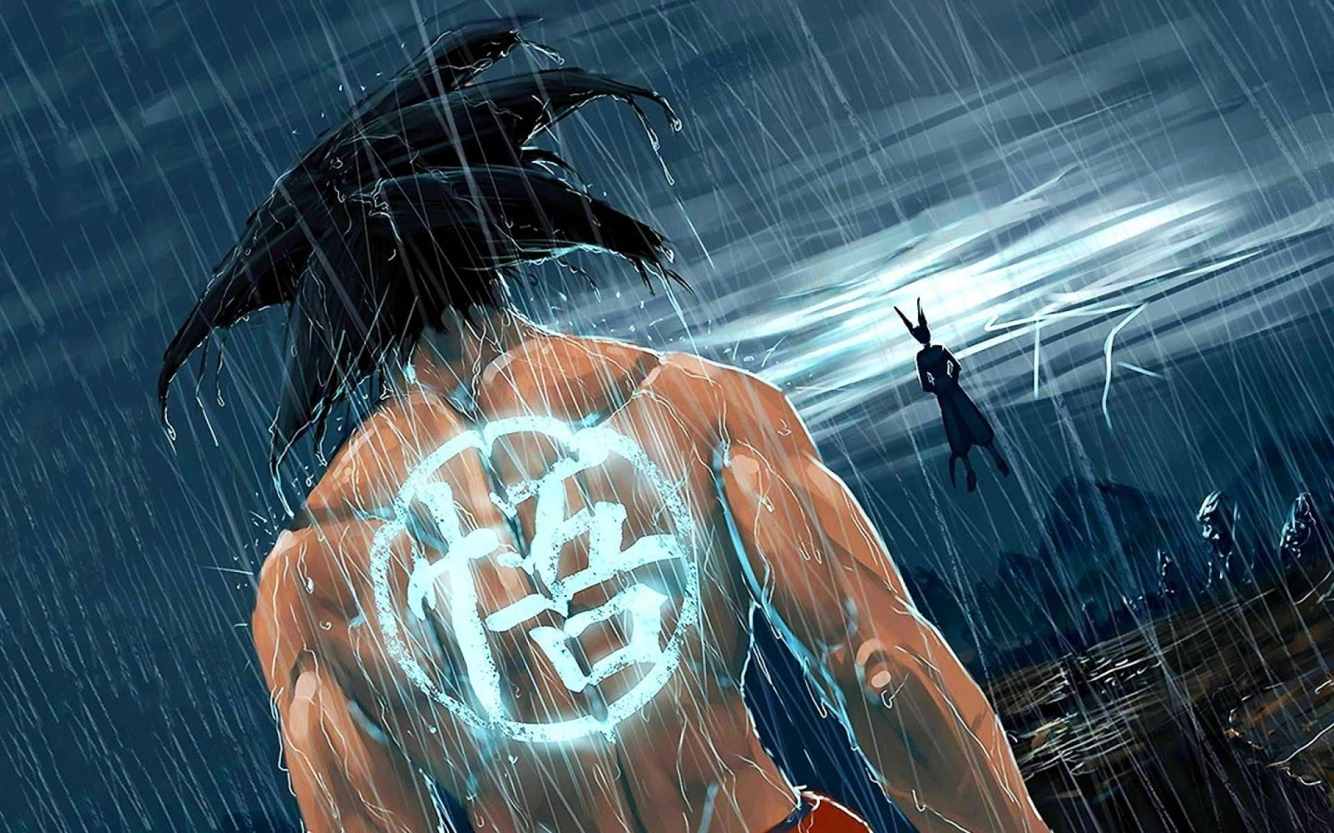 龍珠Z酷炫紋身 壁紙 — 一個肌肉發達的動漫戰士，身上有發光的漢字紋身，在傾盆大雨中背光站立，閃電擊中遠處一個身影附近。
