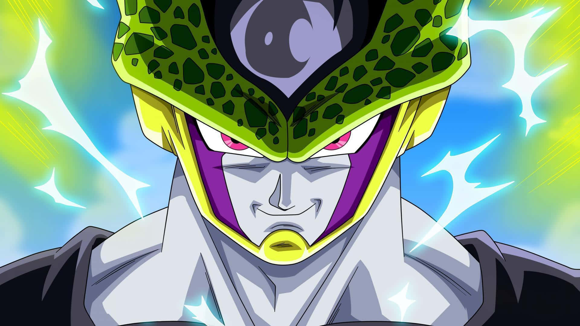 Cartoon Villains 桌布 壁紙 — 龍珠中斯路嘅特寫，帶有發光綠色氣場同強烈粉紅色眼睛，背景係鮮豔嘅藍色同黃色。