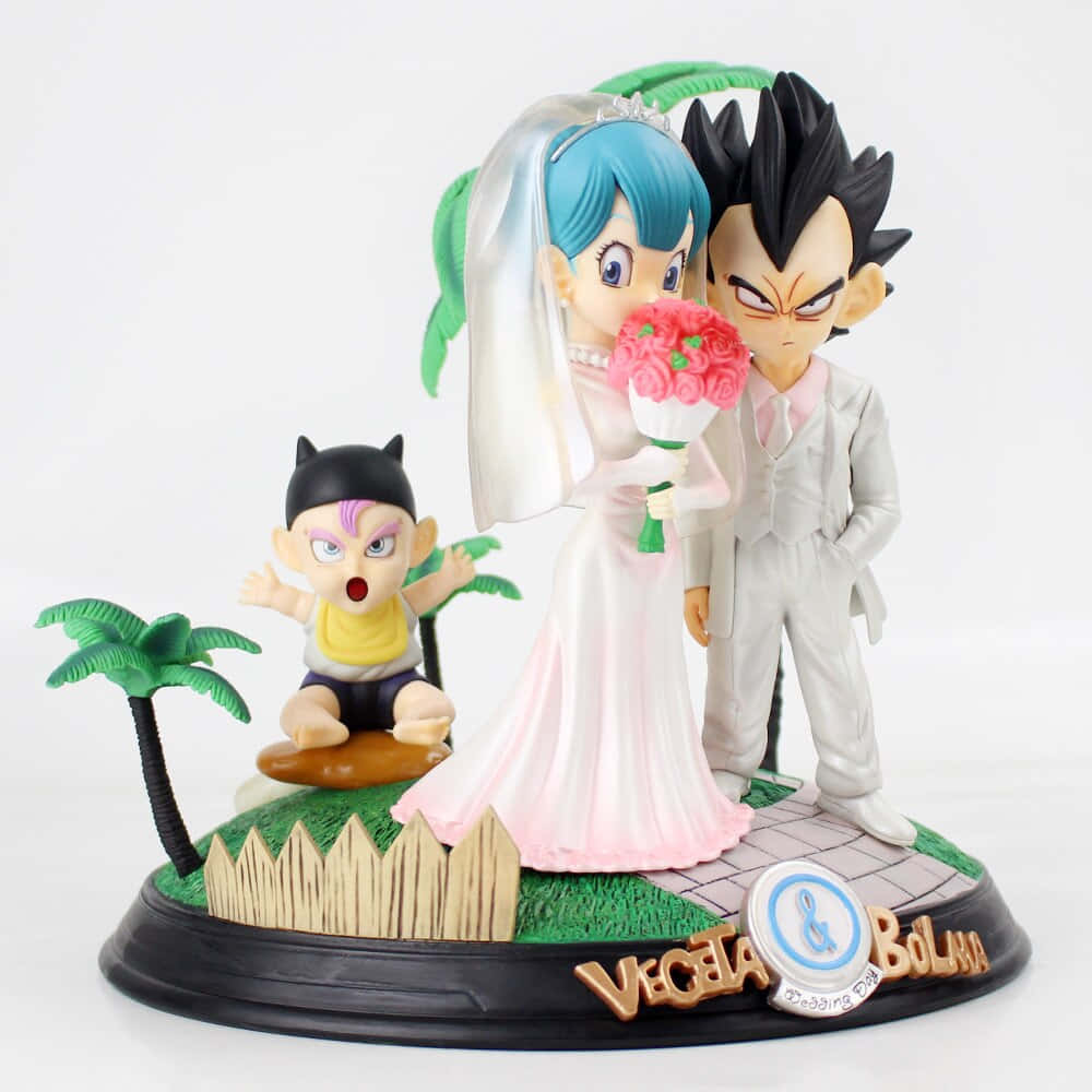 Vegeta's Family 桌布 壁紙 — 龍珠中比達和莊子的婚禮人偶，手持粉紅玫瑰，他們的兒子杜拉格斯驚訝地看著。