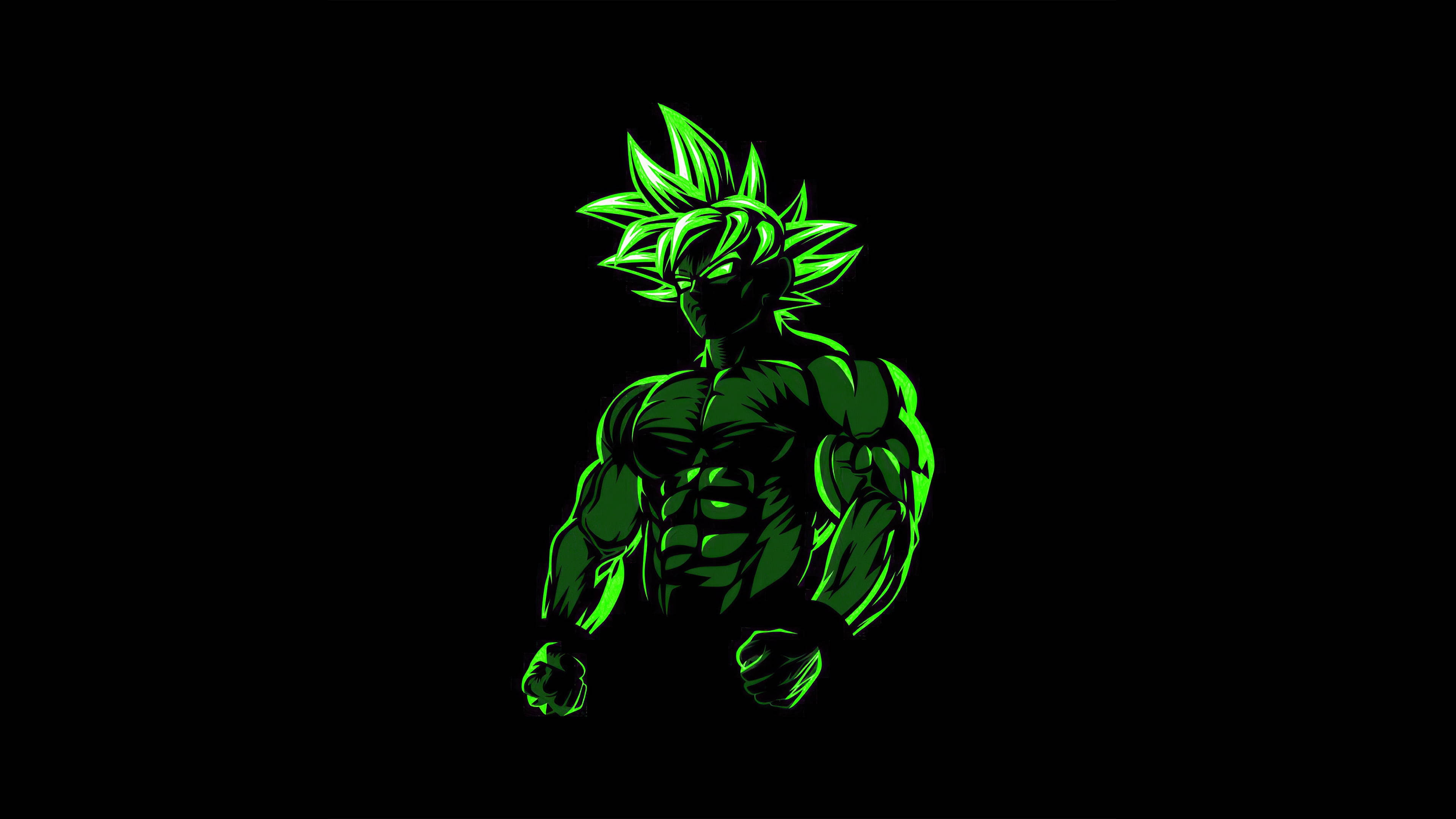 龍珠悟空黑 PFP 壁紙 — 一個發光的綠色動漫戰士，有著尖刺頭髮和肌肉發達的體格，站在黑色背景前。