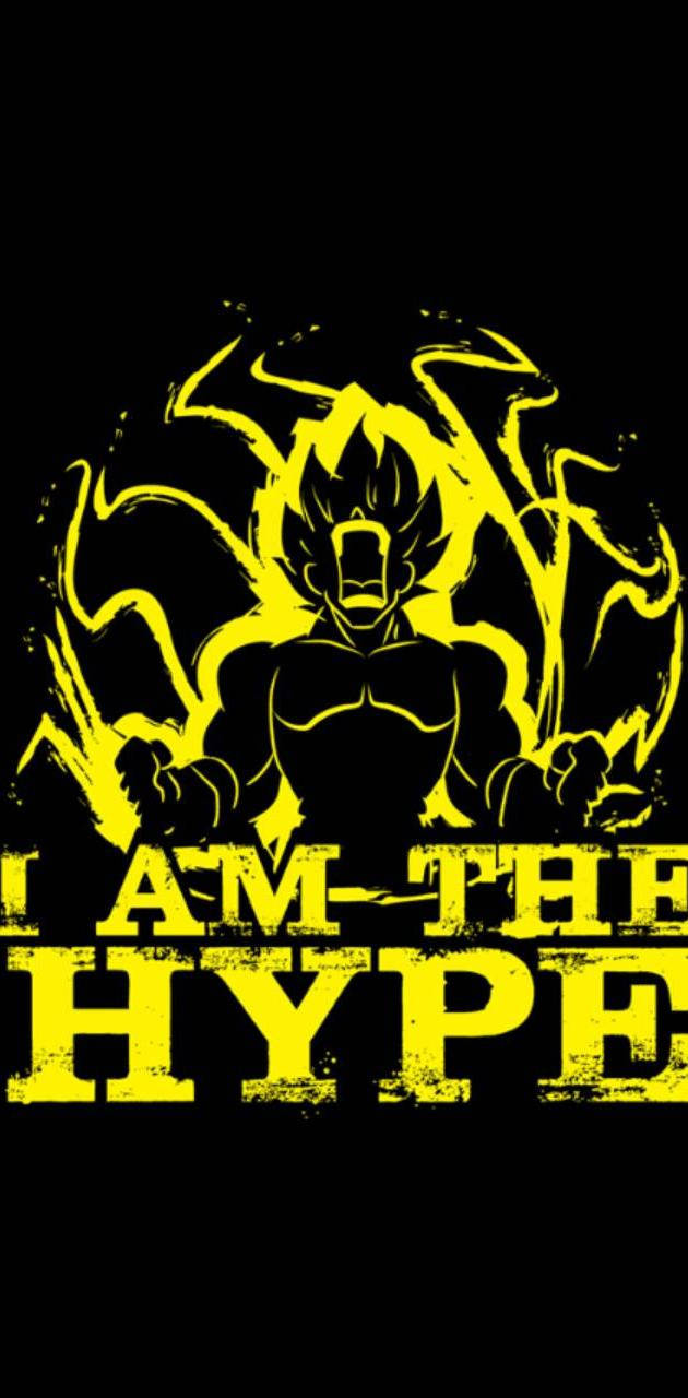 黃色動漫戰士，帶有能量光環和文字 I AM THE HYPE，背景為黑色。