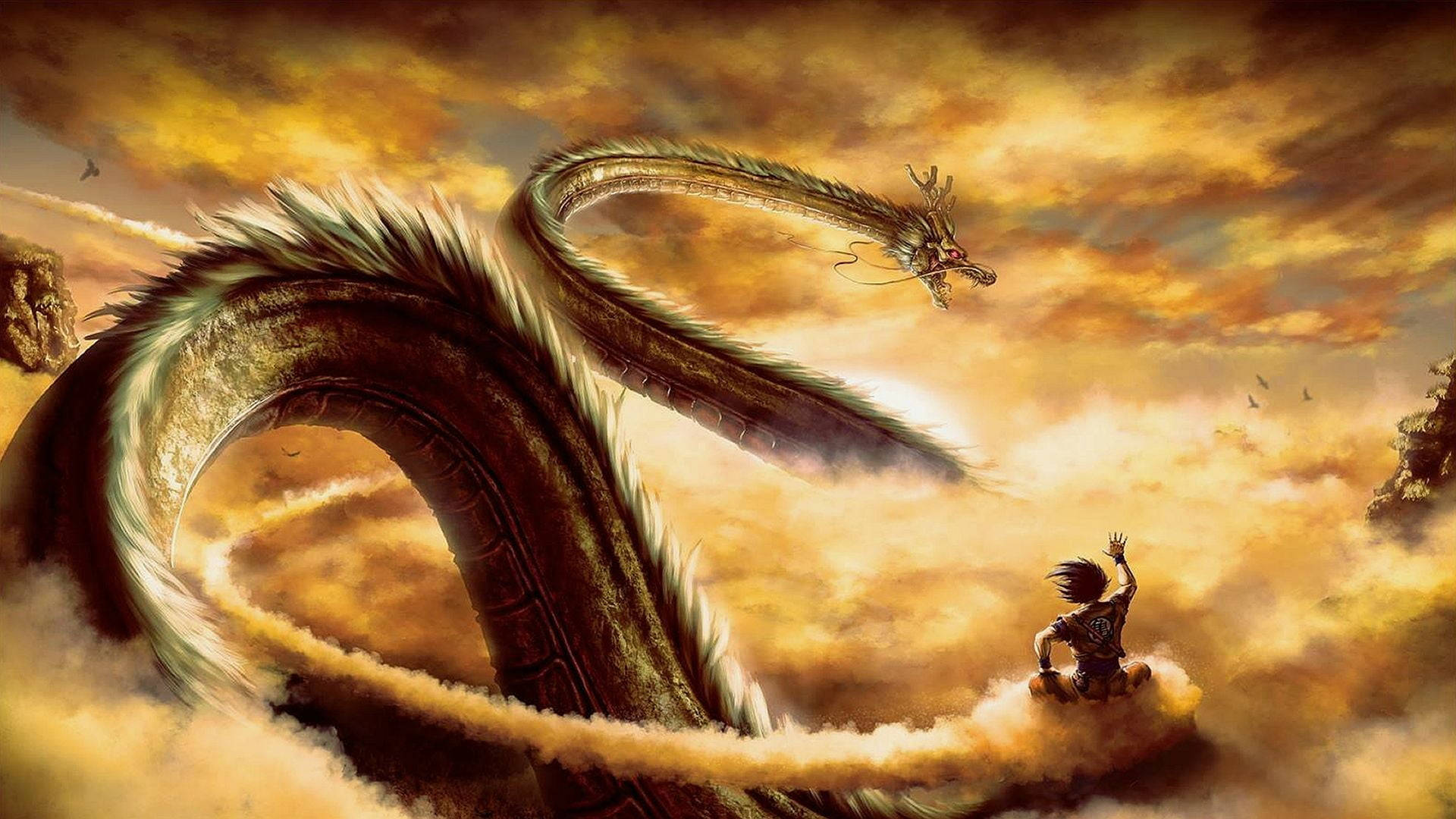 龍珠系列金龍 壁紙 — 一名孤獨的戰士跪在雲端上，一條巨龍在金色夕陽的天空中蜿蜒盤旋。
