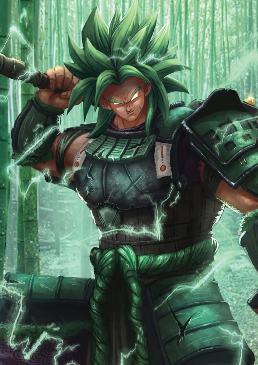 《龍珠超：布羅利》中的巴達克與吉妮——悟空的父母 壁紙 — 一個肌肉發達、綠髮的戰士穿著華麗的盔甲，挑釁地站在一個充滿電能的竹林裡。