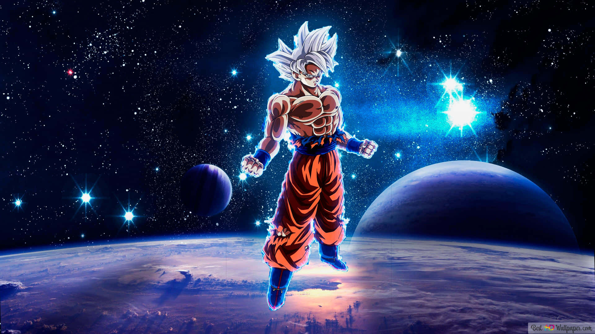 動漫角色悟空以超級賽亞人形態漂浮在行星上方的太空中。 — 悟空超級賽亞人之神 壁紙