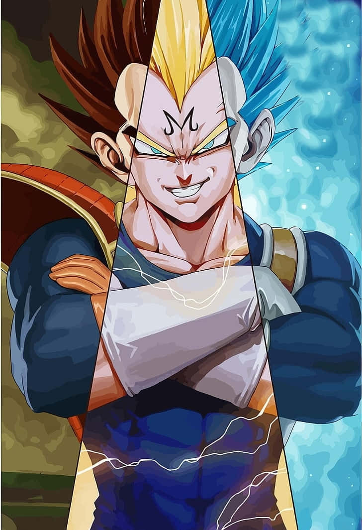 龍珠魔人貝吉塔邪笑變身 壁紙 — 一位強大的動漫戰士，擁有尖刺的藍色和金色頭髮以及發光的眼睛，自信地交叉雙臂站在宇宙背景前。