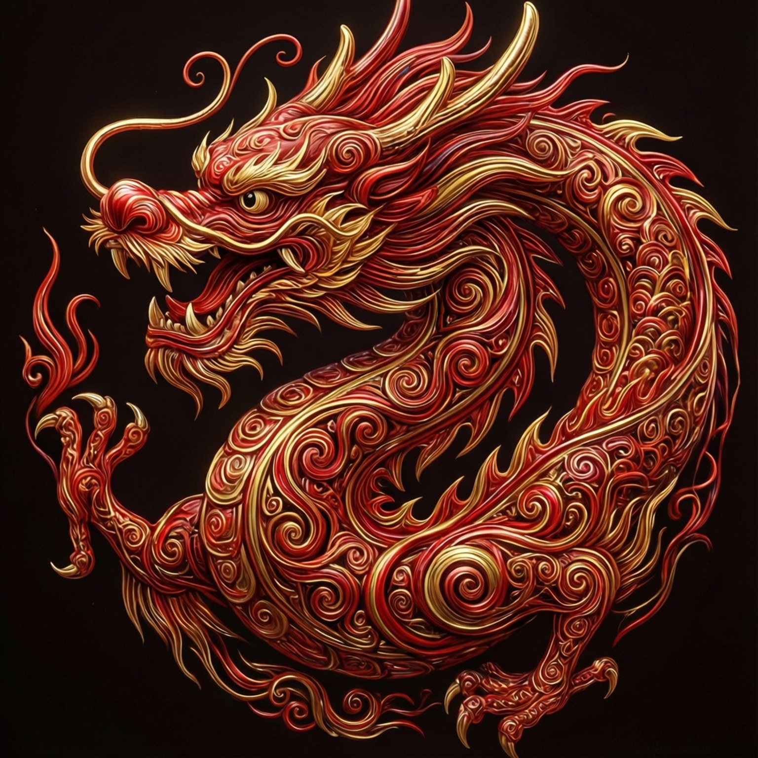 一條鮮豔的紅金色龍，帶有漩渦圖案和鋒利的爪子。