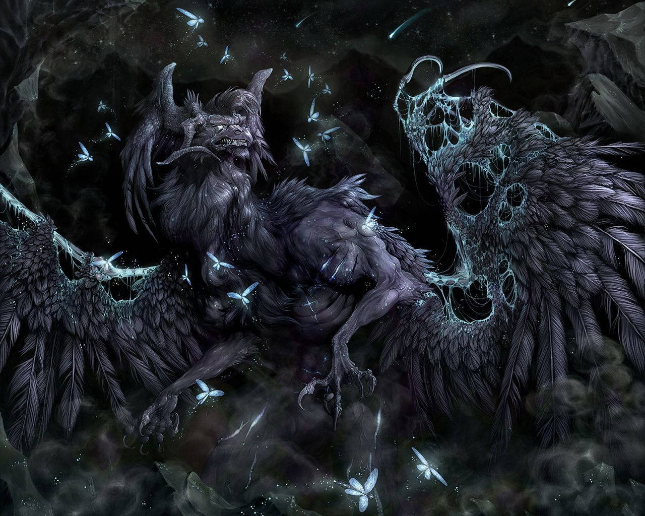 一個黑暗有翼惡魔，在星空虛空中被發光藍色昆蟲包圍。