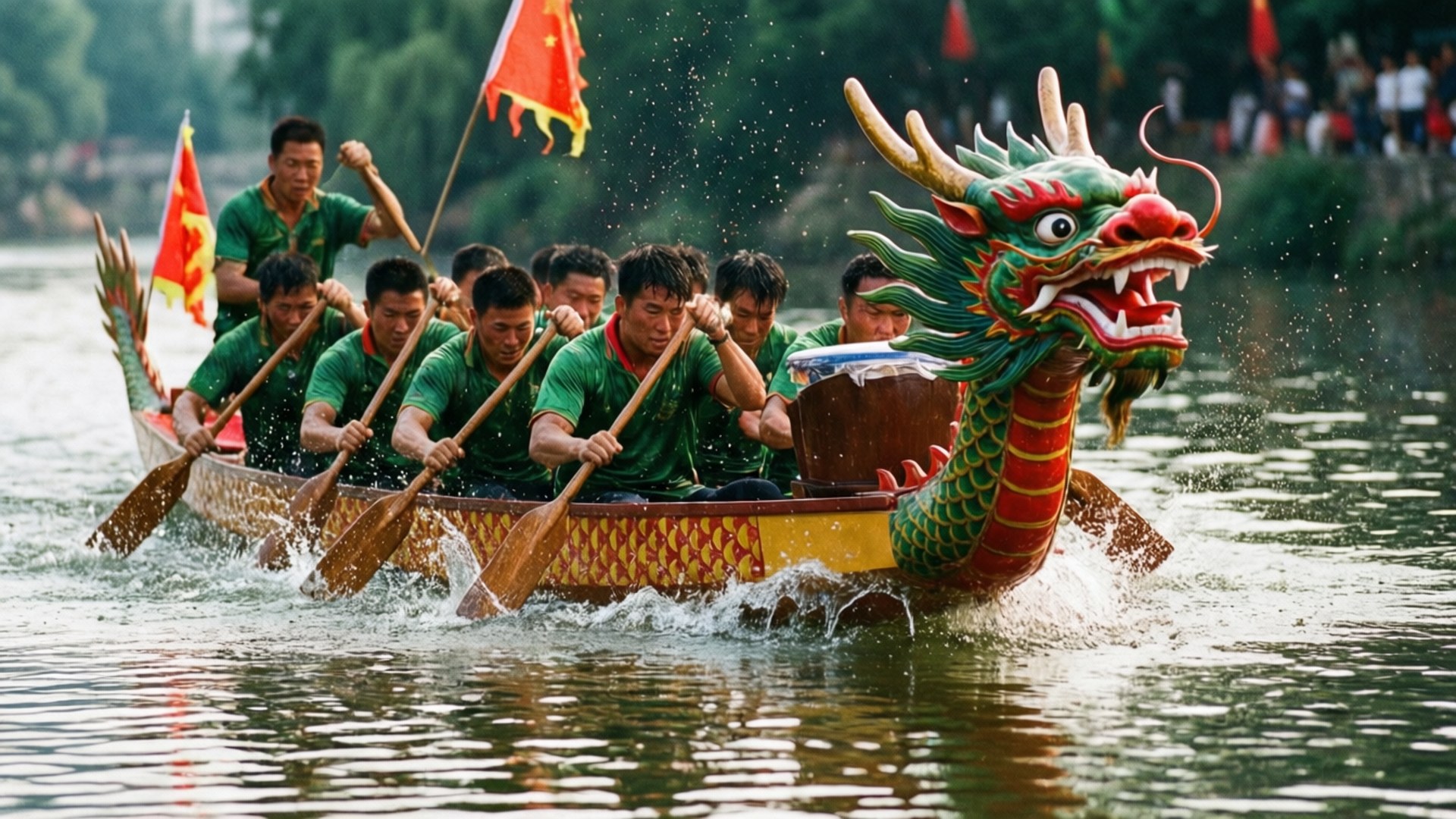龍舟競賽 壁紙 — 一艘充滿活力的龍舟在水面上飛馳，身穿綠色制服的划手們同步划槳，激起陣陣水花。