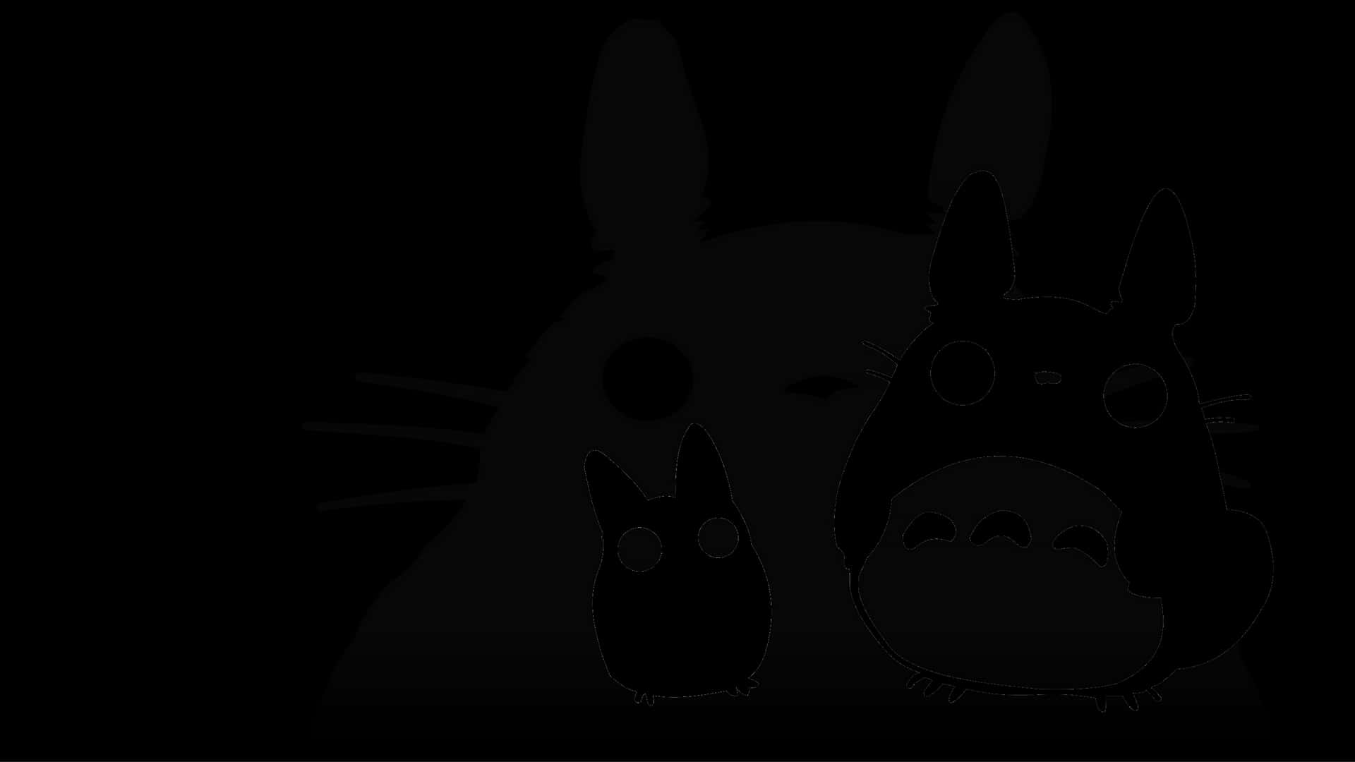 Totoro 和一個小生物的剪影，以白色勾勒在黑色背景上。