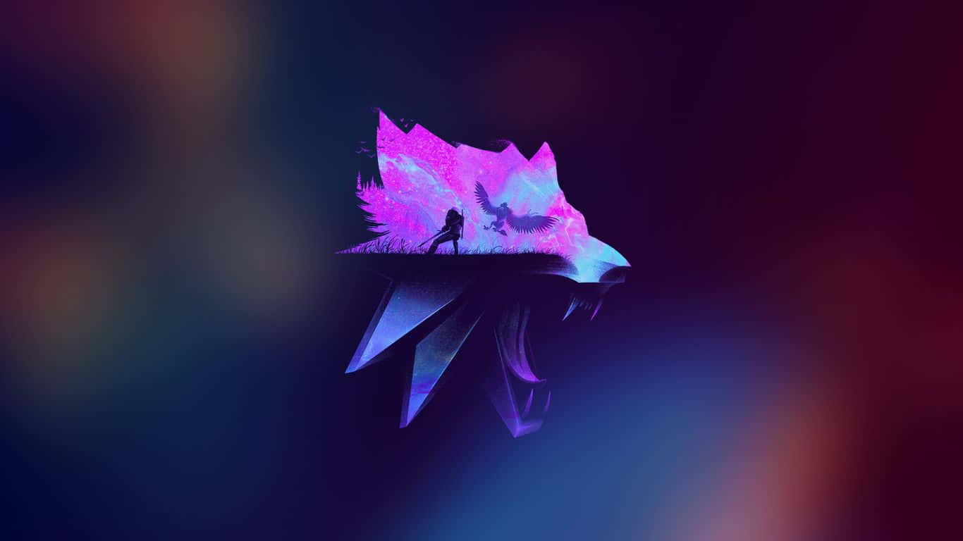 龍首 1366x768 极简風 壁紙 — 一個發光的紫色狼頭在黑暗中漂浮，鼻子上有一個剪影人物和一隻鳥。