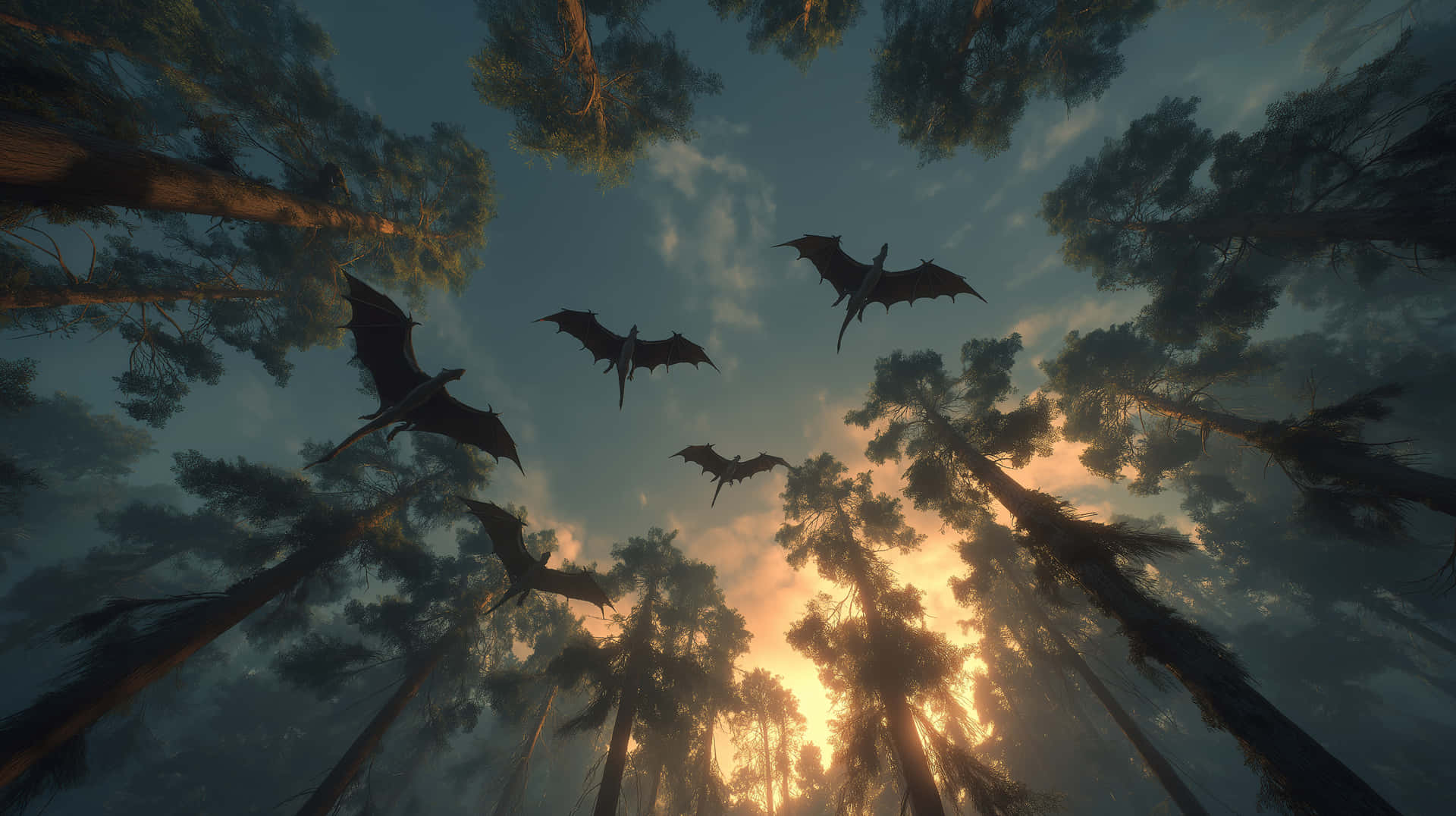 翼龍在日落時分飛越森林樹冠，金色光線穿過樹木。