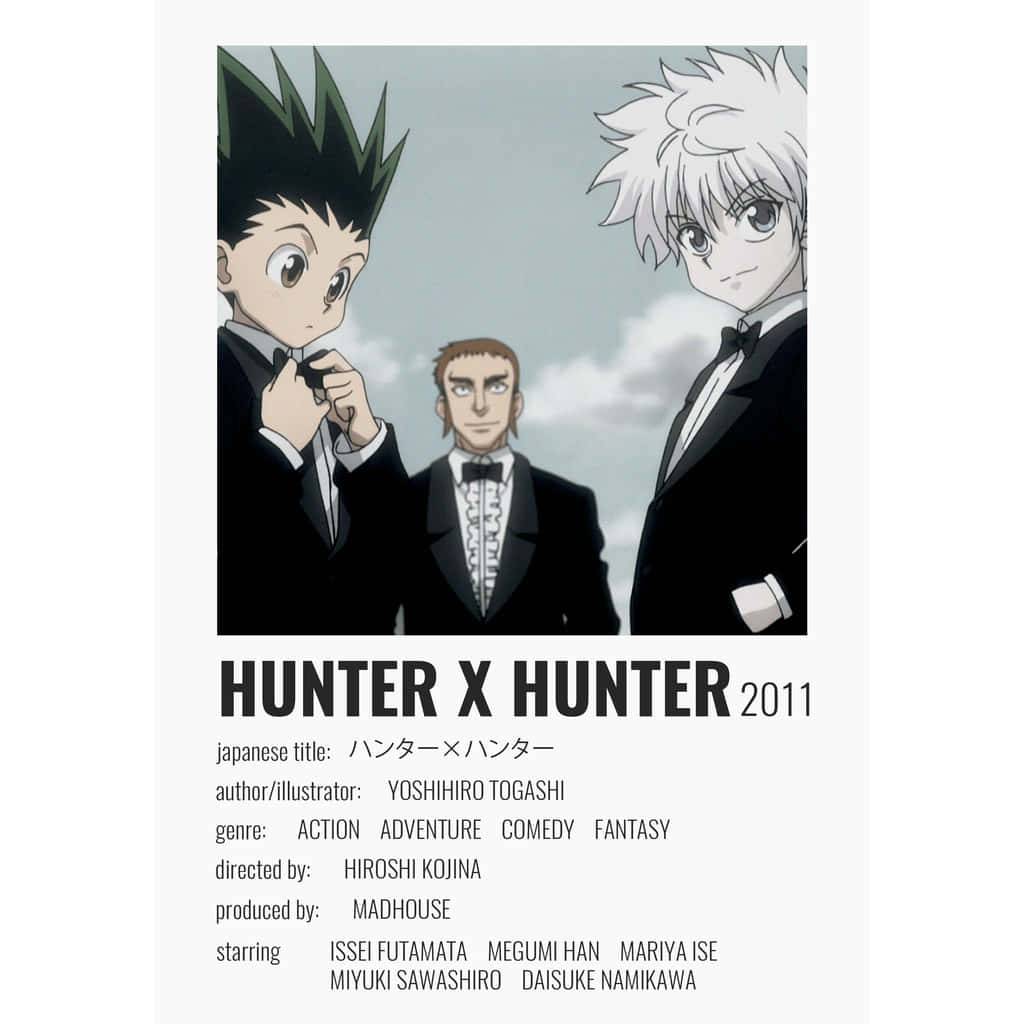 三個身穿燕尾服的動漫男孩，下方有 Hunter x Hunter 製作人員名單。