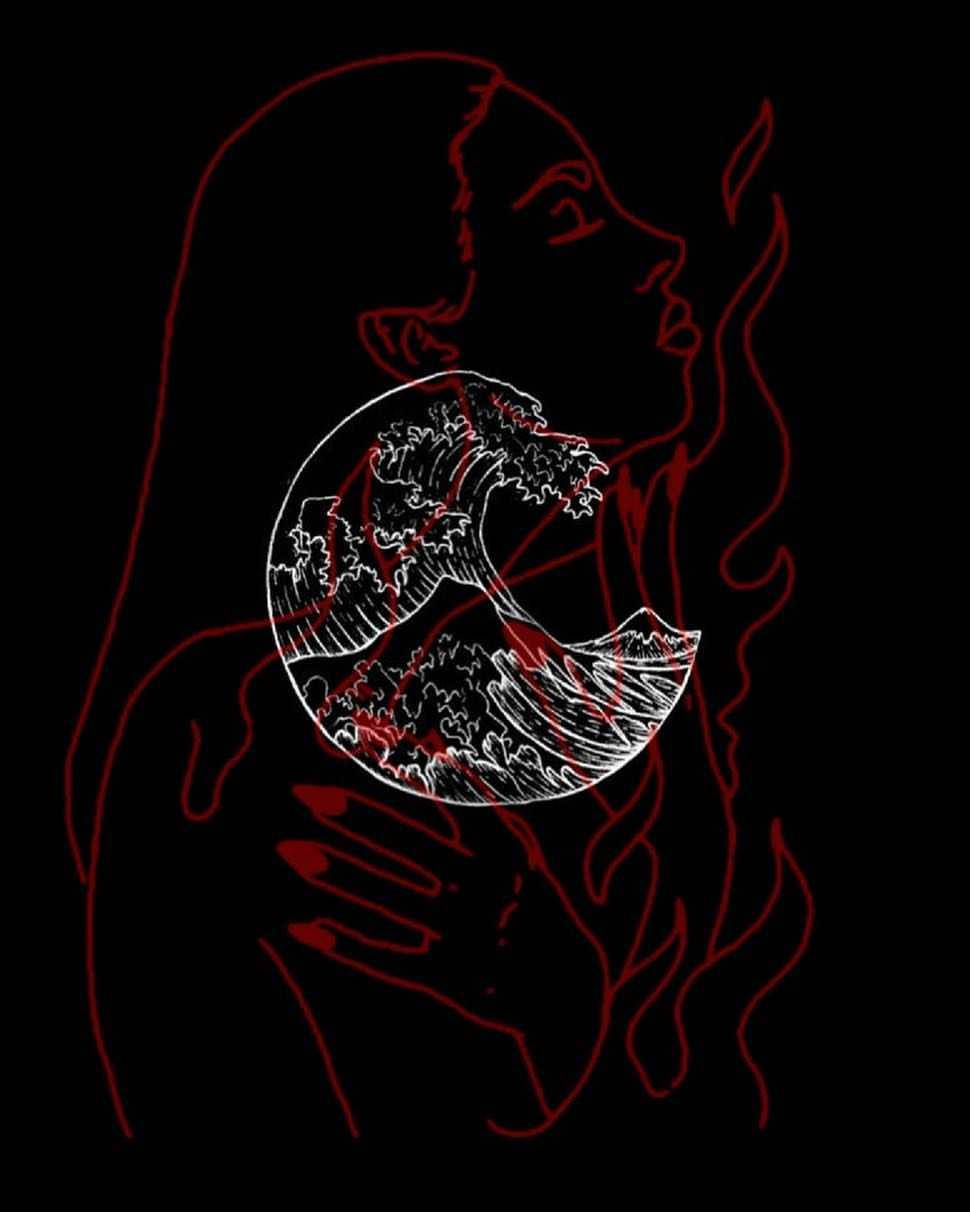 紅色輪廓的女性在黑色背景上拿著白色波浪圖畫。