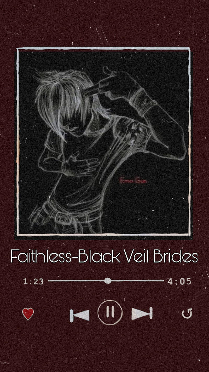 龐克 emo 風格音樂播放 壁紙 — 一幅粉筆風格嘅草圖，描繪一個頭髮凌亂嘅人喺黑暗背景下用槍指住自己嘅頭。