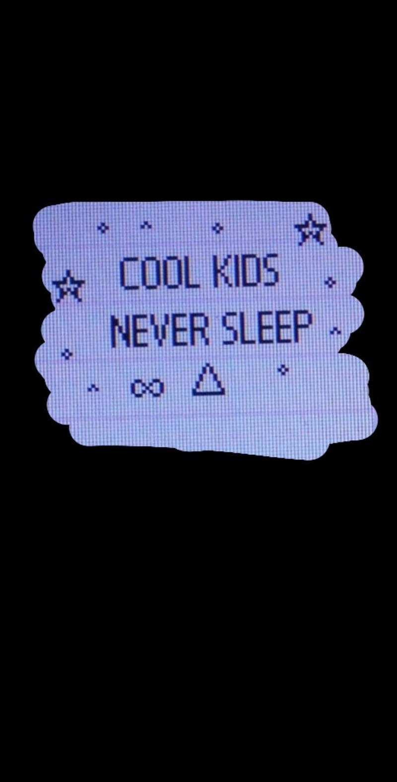黑色背景上帶有星星和符號的像素藝術文字，寫著「cool kids never sleep」。