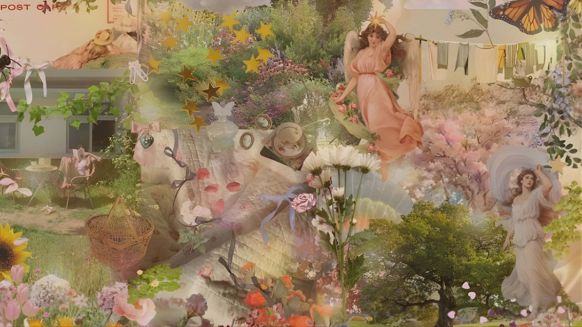 龐克仙女風夢幻景觀 壁紙 — 一個夢幻般的復古天使、花朵、星星和衣物的拼貼畫，採用柔和的粉彩調，營造出一個異想天開的魔法花園場景。