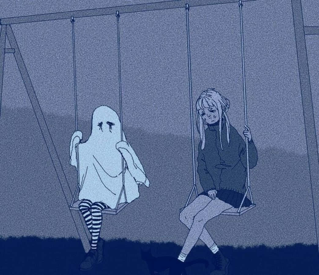龐克動漫女孩與鬼魂女孩同坐鞦韆 壁紙 — 兩個憂鬱的身影獨自坐在鞦韆上，背景是陰沉的黃昏天空，一個是幽靈，一個是人類，兩者都傳達出無聲的悲傷。