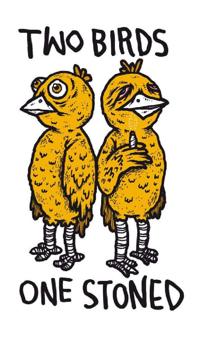 兩隻插圖鳥，一隻拿著大麻煙，文字說兩隻鳥一隻嗨