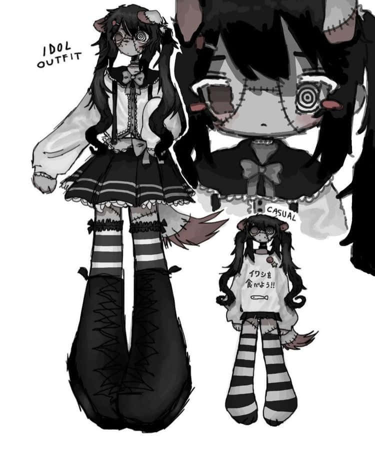 臉上縫合並有貓耳的動漫女孩，兩套服裝：偶像和休閒。