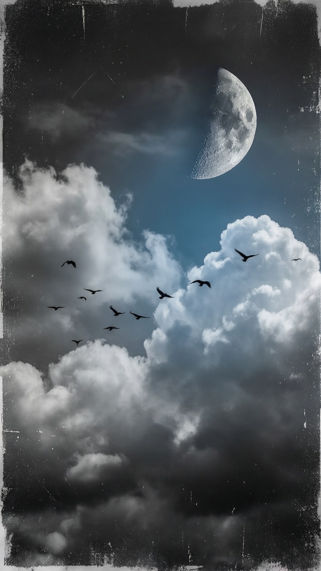 鳥兒在夜間於紋理雲層中在新月下飛翔。