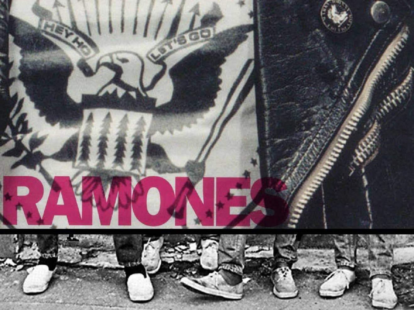 Ramones樂隊成員的腳和帶有鷹橫幅和粉紅色文字的皮夾克。